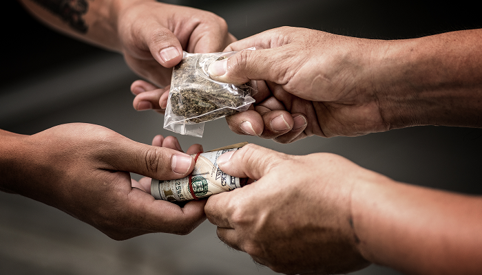 Two hands gripping a bundle of cash, suggesting a transaction related to illicit drugs